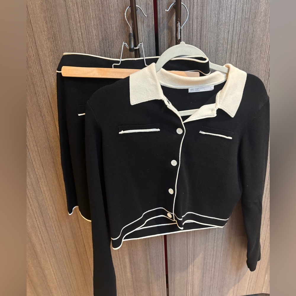 Oak + Fort Black and Cream Cardigan and Skirt Set. BNWT